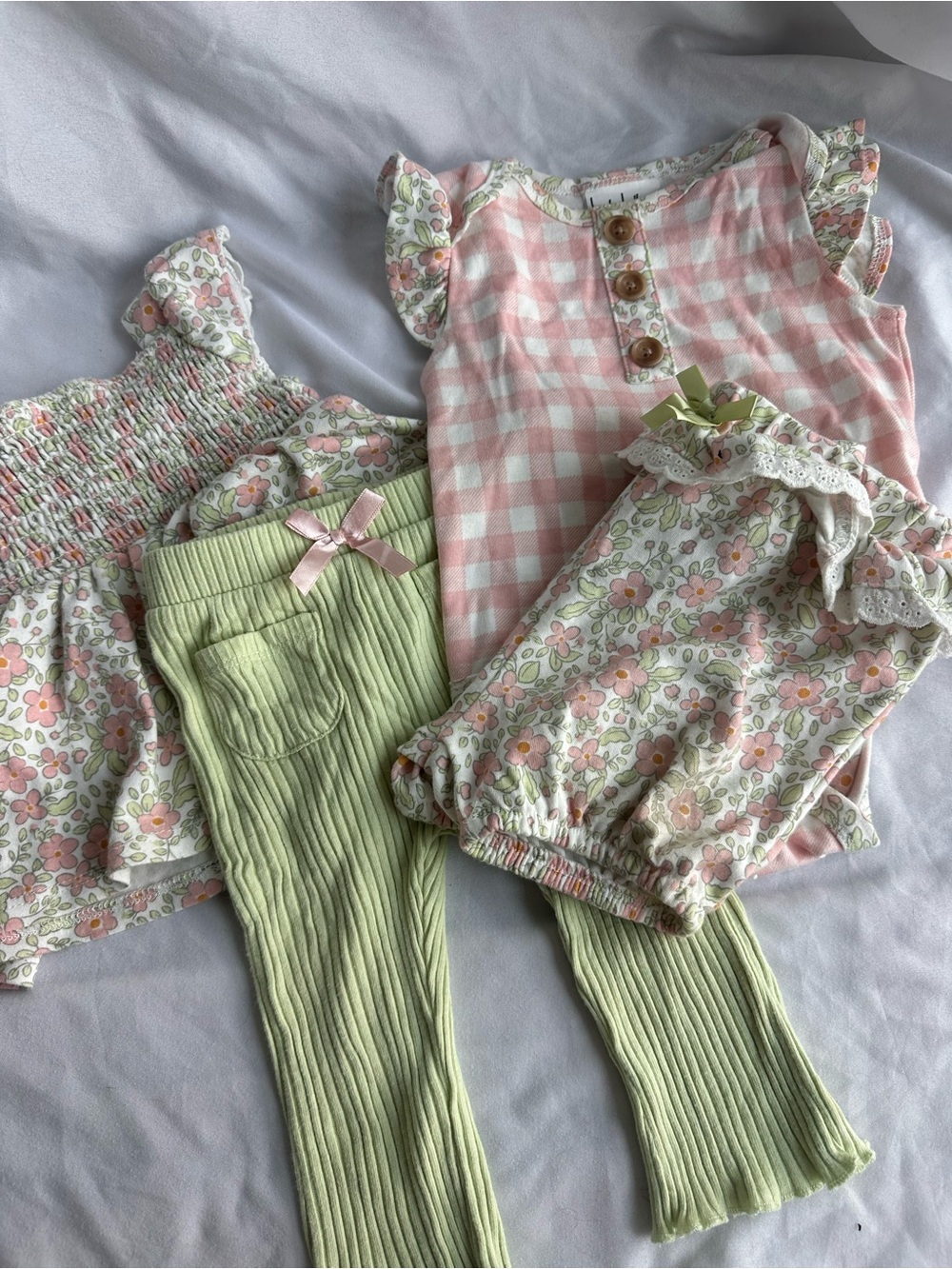 12M Baby Girls Pink Gingham & Floral Outfit Set with Sage Ribbed Leggings